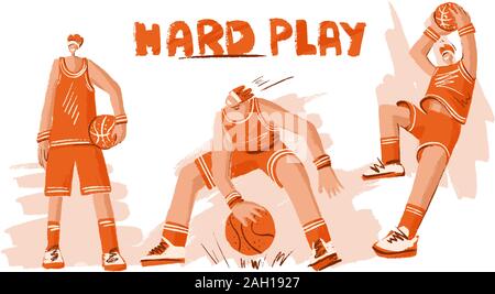 Vector collection de doodle et bordée d'attirer la main illustration de joueurs de basket-ball. Homme jouant au basket-ball, de lancer un ballon dans le panier, la lecture Illustration de Vecteur