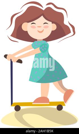 Petite fille mignonne en scooter, vector cartoon illustration isolé sur fond blanc. Happy girl ayant été l'activité scooter Illustration de Vecteur