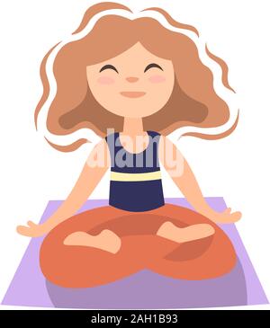 Girl doing yoga Yoga mat, lotos en pose. Petite fille dans la posture, yoga exersise lotos, vector cartoon illustration Illustration de Vecteur