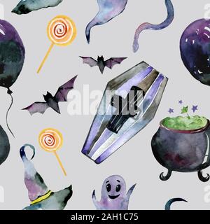 Modèle logique pour l'Halloween. Citrouille, fantôme, bat, bonbons, et d'autres articles sur le thème de l'Halloween. Cartoon Halloween pour motif lumineux Banque D'Images