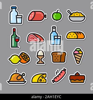 Illustration des produits alimentaires et des repas des autocollants et des étiquettes Illustration de Vecteur