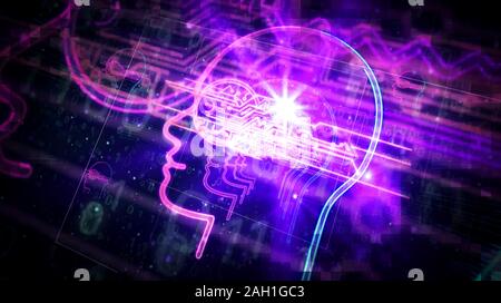 Cyber futuriste clé de confidentialité en rendu 3D futuriste tête illustration. Concept de codage, de cryptage numérique, ai, l'esprit et la sécurité des données privées. Banque D'Images