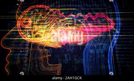 Cyber futuriste clé de confidentialité en rendu 3D futuriste tête illustration. Concept de codage, de cryptage numérique, ai, l'esprit et la sécurité des données privées. Banque D'Images