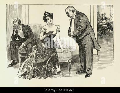 Une veuve et ses amis, Charles Dana Gibson. M. Waddles arrive en retard et trouve sa carte remplie Banque D'Images