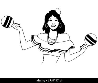 Belle fille latine jouant des maracas isolé sur fond blanc. Retro style Illustration de Vecteur