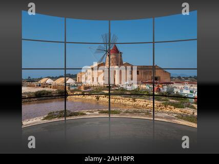 Saline avec moulin et musée du sel, Murana, Trapani, Sicile, Italie, Europe Banque D'Images