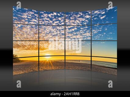 Un mur incurvé. 16 petites images donnent une image entière. Coucher du soleil à la plage de la mer Baltique à Kolobrzeg, Poméranie occidentale, Pologne, Europe Banque D'Images