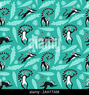 Modèle sans couture avec mignon lémuriens et de feuilles. Les animaux en noir et blanc sur fond vert. Vector illustration. Illustration de Vecteur