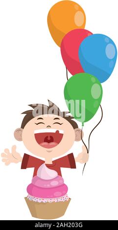 Cartoon happy boy avec ballons et icône cupcake Illustration de Vecteur