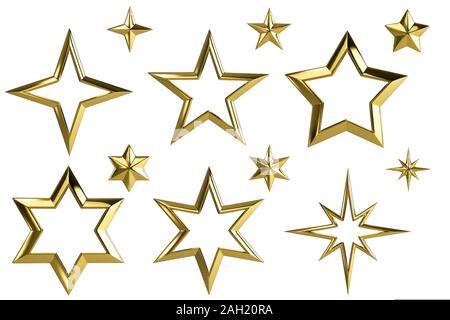 Golden stars collection isolated with clipping path - 3D render Banque D'Images