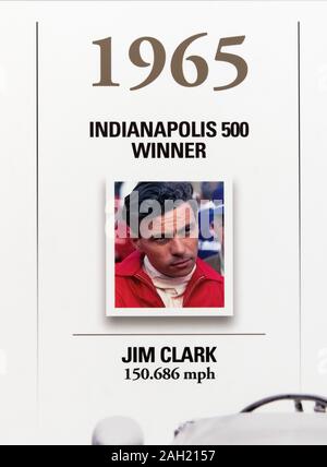 Jim Clark, vainqueur de l'Indy 500 de 1965, sur le mur des gagnants à l'Indianapolis Motor Speedway Museum, Indianapolis, Indiana, USA. Banque D'Images