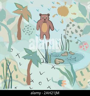Motif transparent mignon drôle avec ours et étang à poissons. Design enfantin unique. Vector Illustration. Illustration de Vecteur