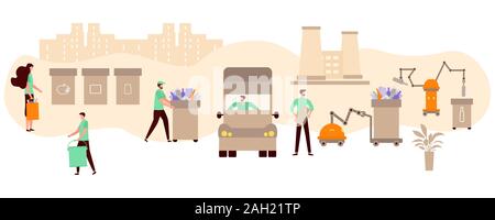 Vector illustration une collecte, le transport, le tri, le recyclage des déchets par les personnes, d'un robot. Tri des déchets concept de gestion. Eco friendl Illustration de Vecteur