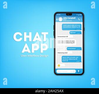 UI UX chat téléphone interface bleu. Message texte téléphone mobile. La messagerie texte bubles dans mobile sur un smartphone, vector Illustration de Vecteur