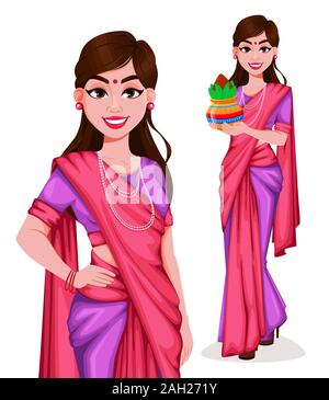 Belle femme indienne en vêtements traditionnels, ensemble de deux poses. Jolie dame personnage. Utilisable pour les vacances indiennes (Lohri, Pongal, Independenc Illustration de Vecteur