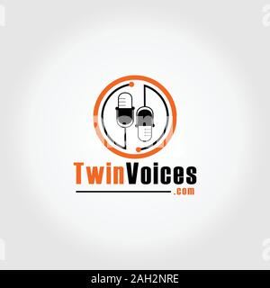 Voix double Concept Logo Design Logo Podcast, modèle, icône de micro, Ellipse, arrondies, orange, noir Illustration de Vecteur