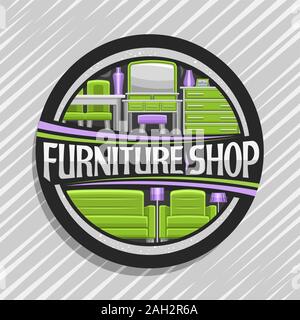 Logo Vector pour les meubles Shop, enseigne ronde noire avec illustration de l'intérieur, salon de luxe design avec caractère décoratif pour wo Illustration de Vecteur