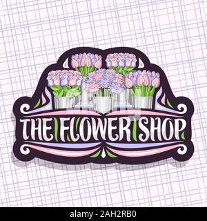 Logo Vector pour Fleuriste, sombre décoratif panneau avec illustration de l'été les tulipes, purple asters et des roses avec des feuilles vertes en métal, godet Illustration de Vecteur