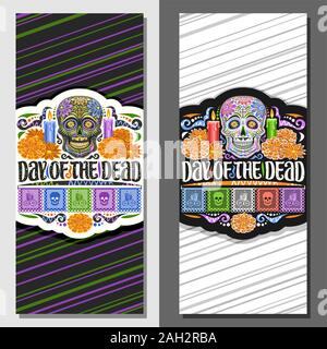 Les modèles vectoriels pour le Jour des Morts, coupons de décoration avec illustration de creepy skull, brûler des bougies, des fleurs orange, le message d'accueil de couleur drapeaux, vo Illustration de Vecteur