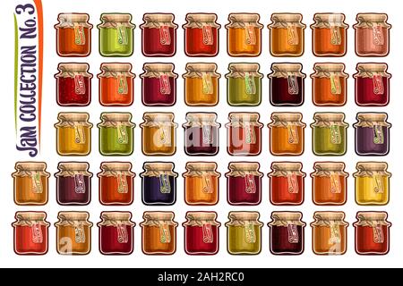 Vector set de différents pots de confiture, groupe de 42 objets découpés colorés de fruits des conteneurs, des illustrations graphiques de divers pots de verre papier couvert Illustration de Vecteur