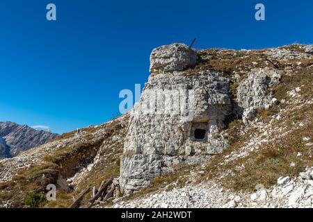 Position à partir de la Première Guerre mondiale sur le Monte Piana, Dolomites Banque D'Images