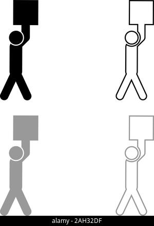 Homme porte la charge dans ses bras au-dessus de lui coller le travail sur l'icône de colis livraison set contour couleur gris noir style télévision illustration vectorielle simple image Illustration de Vecteur