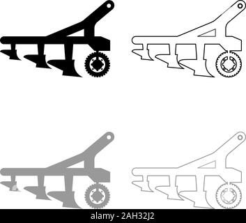 Charrue pour cultiver la terre avant le semis produits agricoles tracteur machanism icône de l'appareil industriel équipement set contour noir gris vecteur de couleur Illustration de Vecteur