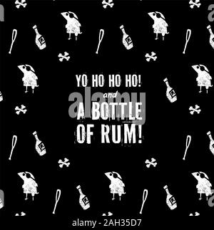 Corbeau bouteille de pirate os de rhum cadre noir et blanc affiche Illustration de Vecteur
