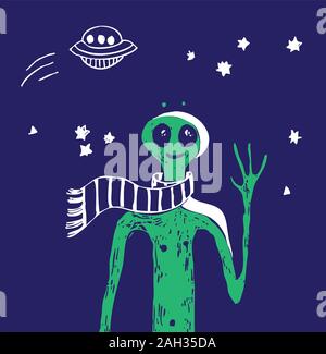 Bleu espace OVNI extraterrestre étoiles vert personnes carte d'affiche Illustration de Vecteur