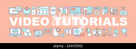 Tutoriel vidéo concepts mot bannière. Vlog. L'hébergement vidéo. La diffusion en continu. Lettrage typographie idée isolée avec icônes linéaire. Blogging. Il contours vectoriels Illustration de Vecteur