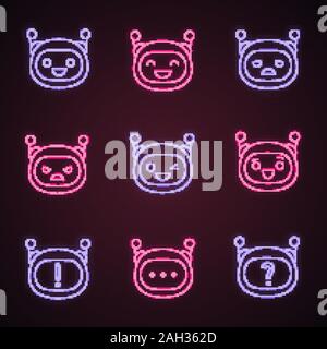 Émoticônes Robot neon light icons set. Chatbot émoticônes. Chat bot smileys. L'intelligence artificielle. Assistant virtuel. Entité de conversation artificielle. Illustration de Vecteur