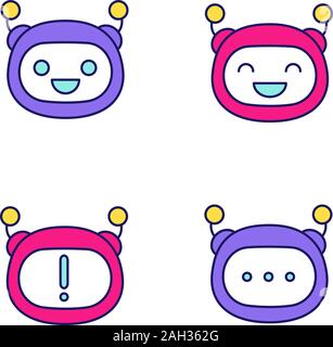Émoticônes Robot icônes couleur définie. Chatbot émoticônes. Riant, heureux, chat bot smileys. Chatbot et notification message. L'intelligence artificielle. Virtual Illustration de Vecteur