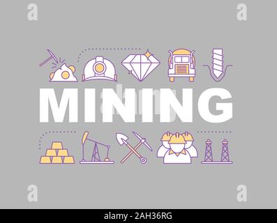 L'industrie minière du charbon concepts mot bannière. Les mineurs, l'Equipement, des transports, des bâtiments. Lettrage typographie idée isolée avec icônes linéaire. Vector outli Illustration de Vecteur