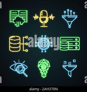 L'apprentissage machine neon light icons set. L'intelligence artificielle. Base de données. L'IA. La technologie numérique. Les panneaux lumineux. Vector illustrations isolées Illustration de Vecteur