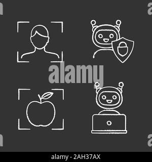 L'apprentissage automatique de la craie icons set. La reconnaissance faciale, garantis chatbot, détection d'objet Application, chat bot. Illustrations vectorielles chalkboard Illustration de Vecteur