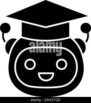 Glyphe d'apprentissage automatique icône. L'intelligence artificielle. Cet enseignant. Robot graduée. Chatbot. Bot en graduation hat. Symbole de Silhouette. L'espace négatif. Illustration de Vecteur