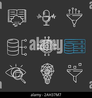 L'apprentissage automatique de la craie icons set. L'intelligence artificielle. Base de données. L'IA. La technologie numérique. Illustrations vectorielles chalkboard Illustration de Vecteur