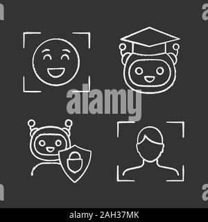 L'apprentissage automatique de la craie icons set. Détection de l'émotion, la reconnaissance faciale, enseignant, bot chatbot sécurisé. Illustrations vectorielles chalkboard Illustration de Vecteur