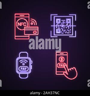 E-paiement neon light icons set. Payer avec le smartphone NFC, smartwatch, QR code scanner, le paiement sans contact. Les panneaux lumineux. Vector illustration isolé Illustration de Vecteur
