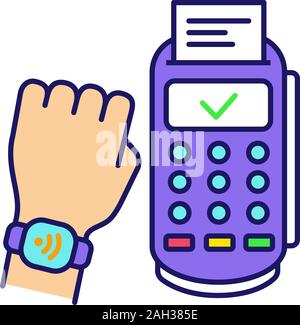 Smartwatch NFC l'icône de couleur. La communication en champ proche du terminal de paiement. Montre-bracelet à puce. Paiement sans contact NFC smartwatch. Illus vectorielles Illustration de Vecteur