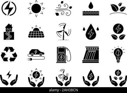 Les sources d'énergie de glyph icons set. Eco Power. Les ressources renouvelables. L'eau, solaire, thermique, l'énergie éolienne. Symboles de Silhouette. Il isolé du vecteur Illustration de Vecteur