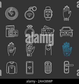 La technologie NFC chalk icons set. La communication en champ proche. Tag RFID et NFC, autocollant, phone, bibelots, anneau, implant. La technologie sans contact. V isolés Illustration de Vecteur