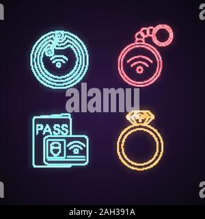 La technologie NFC neon light icons set. Puce en champ proche, bibelots, système d'identification, l'anneau. Les panneaux lumineux. Vector illustrations isolées Illustration de Vecteur