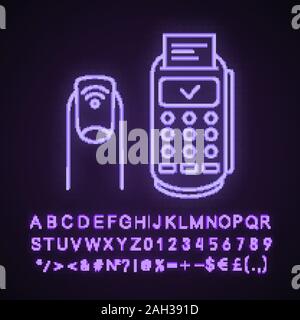 Manucure NFC neon light icône. Ongle en champ proche et terminal de paiement. Autocollant RFID sur l'ongle. Nail NFC tag. Signe éclatant avec l'alphabet, les nombres et Illustration de Vecteur