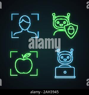 L'apprentissage machine neon light icons set. La reconnaissance faciale, garantis chatbot, détection d'objet Application, chat bot. Les panneaux lumineux. Vector isolated illustratio Illustration de Vecteur