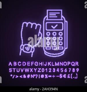 Smartwatch NFC neon light icône. La communication en champ proche du terminal de paiement. Signe rougeoyant avec alphabet, chiffres et symboles. Montre-bracelet à puce. Contactl Illustration de Vecteur