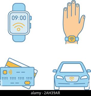 La technologie NFC color icons set. Smartwatch en champ proche, bracelet, cartes de crédit, voiture. Illustrations vectorielles Illustration de Vecteur