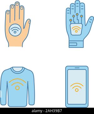 La technologie NFC color icons set. Par contre en champ proche, autocollant implant, vêtements, smartphone. Illustrations vectorielles Illustration de Vecteur