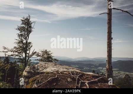 Vue du haut d'une montagne dans la vallée de nuages sur le ciel et les montagnes de l'arrière-plan et les pierres et les arbres en face de l'avant en Bavière Banque D'Images