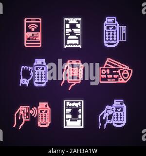 Paiement NFC neon light icons set. Payer avec le smartphone et une carte de crédit, reçu de caisse, terminal de point de vente, QR code, scanner smartwatch NFC. Les panneaux lumineux. Vec Illustration de Vecteur